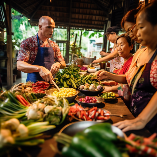 קבוצת מטיילים המשתתפת בשיעור בישול תאילנדי מסורתי, מוקפת בחומרי גלם טריים
